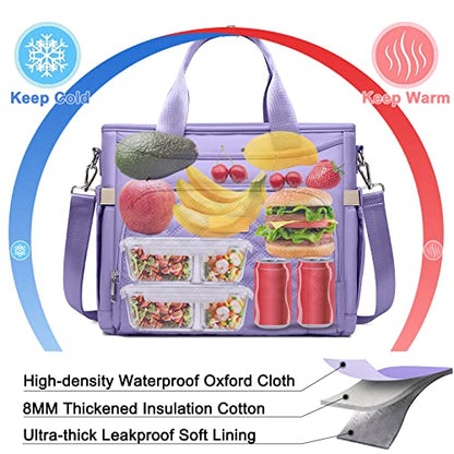 AIJIEKE Large Insulated Lunch Bag for Women, Leakproof Work Lunch Box Tote | Keeps food fresh 8-12 hours. Spacious multi-pocket design with a removable strap. Water-resistant and easy-wipe interior - color: Light Purple