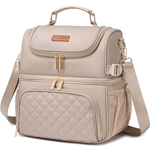 Lunch Bags for Women,Dual Compartment Lunch Box Lunch Bag for Work,Leakproof Lunch Cooler Large Insulated Lunchbox for Adult for Women Men, Lunchbag for Picnic Beach (Khaki) - color: Khaki