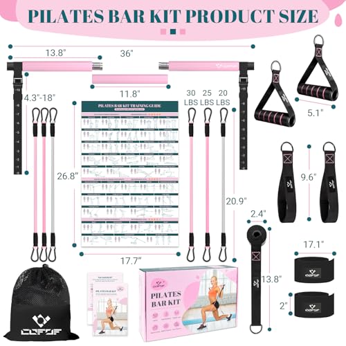 COFOF Pilates Bar Kit with Resistance Bands, Multifunctional Yoga Pilates Bar with Heavy-Duty Metal Adjustment Buckle, Portable Home Gym Pilates Resistance Bar Kit for Women Full Body Workouts - color: Pink