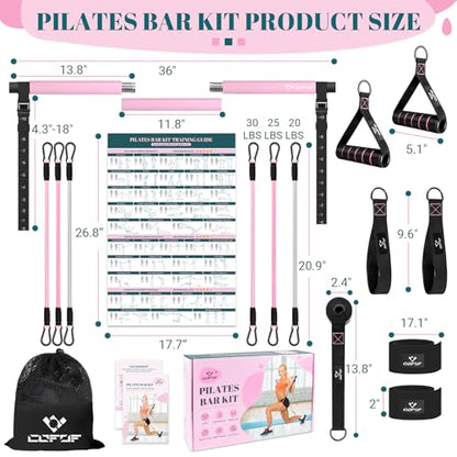 COFOF Pilates Bar Kit with Resistance Bands, Multifunctional Yoga Pilates Bar with Heavy-Duty Metal Adjustment Buckle, Portable Home Gym Pilates Resistance Bar Kit for Women Full Body Workouts - color: Pink
