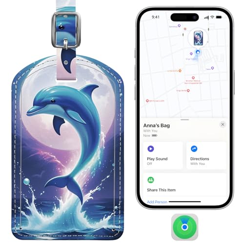 Luggage Tags Built-in Anti-Loss Tracker, Luxury Leather Luggage Tags for Suitcase, Travel Bags, Backpacks, Travel Organizer for Lost Baggage Prevention (Moon Dolphin) - color: Moon Dolphin