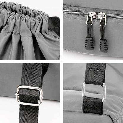 Sport Gym Bag Drawstring Backpack Beach Bag for Men Women with Shoe Compartment and Reflective Strips (Grey) - color: Grey