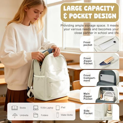 VECAVE School Backpack Beige College High School Bags backpack for Boys Girls Teens Waterproof Bookbag Casual Lightweight Travel Rucksack Daypack Backpacks for Men Women - color: A1-beige