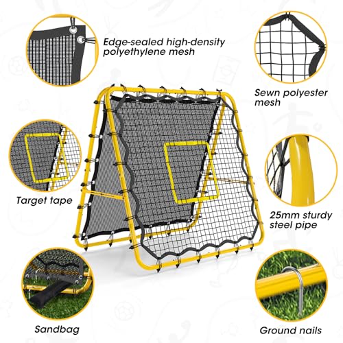 Double-Sided Soccer Rebound Net, 4×4FT Baseball Volleyball Softball Pitchback Net, Multi-Angle Adjustable Rebound Net, as a Gift for Children, Teen, Adults,Yellow