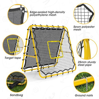 Double-Sided Soccer Rebound Net, 4×4FT Baseball Volleyball Softball Pitchback Net, Multi-Angle Adjustable Rebound Net, as a Gift for Children, Teen, Adults,Yellow