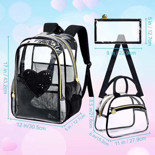 gxtvo 3PCS Clear School Backpack Heavy-Duty Set for Women & Teen Girls, 17" See Through Bookbag with Luxurious Gold Zipper, Black Sequins Transparent Bag - color: Black Sequins Clear Backpack Set