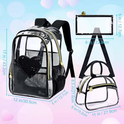 gxtvo 3PCS Clear School Backpack Heavy-Duty Set for Women & Teen Girls, 17" See Through Bookbag with Luxurious Gold Zipper, Black Sequins Transparent Bag - color: Black Sequins Clear Backpack Set