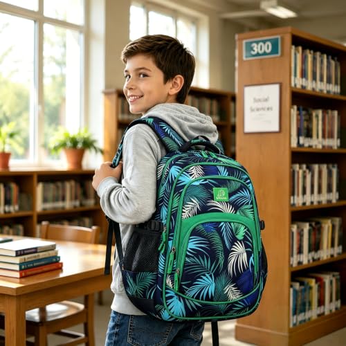 MYGOO Boys School Backpack Grove Foliage Green Bookbag for Elementary Middle School Ages 5-12, 17 inch Large Capacity 24L Kids Student Travel Bags - color: Grove Foliage Green
