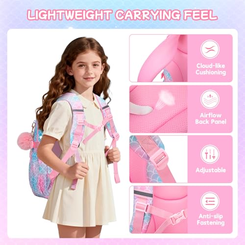 Girls Backpack,School Bag for Kids,Primary,Elementary,teen ages 6-15 Girls Bookbag,Students Kawaii Backpack Pink mermaid - color: Pink Mermaid
