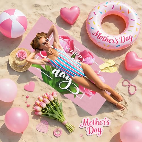 Happy Mothers' Day Beach Towel, Pink Tulip Flower Quick Dry Sand Free Absorbent Bath Towel, Microfiber Lightweight Towel Pool Travel Camping Gym Swim 30x60 Inch/ 77X153cm - color: Happy Mothers' Day Pink Tulip
