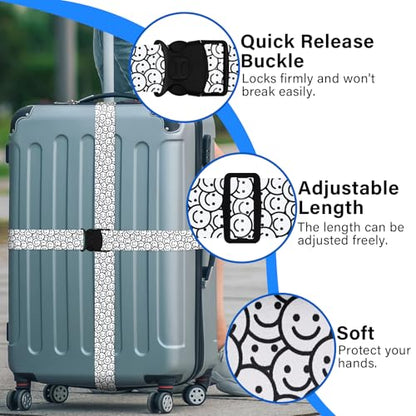 2 Pack Luggage Straps for Suitcases, Adjustable Travel Belt with Double Lock and Quick Release Buckle, Heavy Duty Nylon Bag Packing Strap, Bright Identifiers Business Travel Accessories-White Smiles - color: 24020 White Smiles