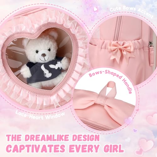 MOONBABY Girls Backpack Set with Lunch Bag & Pencil Case for School, Cute Kawaii Ita Heart Window Bookbag, Large Kids Backpack for Girls Age 6-12, Elementary & Middle Schoolbag - color: Pink-white-set