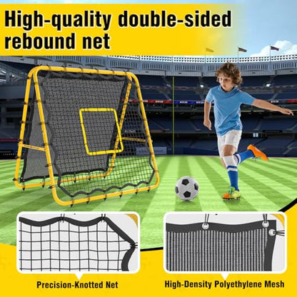 Double-Sided Soccer Rebound Net, 4×4FT Baseball Volleyball Softball Pitchback Net, Multi-Angle Adjustable Rebound Net, as a Gift for Children, Teen, Adults,Yellow