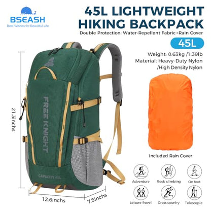 Bseash 45L Waterproof Hiking Camping Backpack with Rain Cover, Outdoor Sport Travel Bag Daypack for Climbing Skiing Cycling (Green) - color: Green