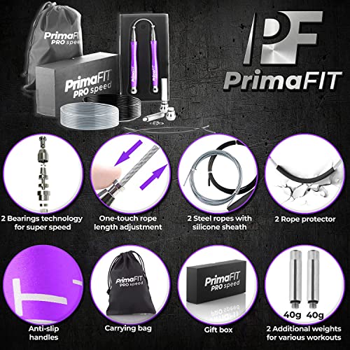 PrimaFIT Jump Rope Pro Speed Skipping Rope Adjustable Adult Jumping Rope Weighted Aluminium Handles for Double Dutch Boxing Workout Crossfit Exercise Fitness Spare Cable Weights Protectors Carry Bag - color: Purple
