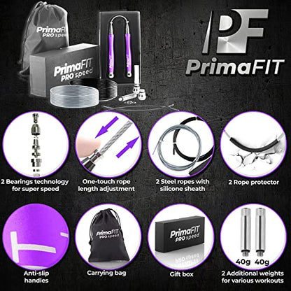 PrimaFIT Jump Rope Pro Speed Skipping Rope Adjustable Adult Jumping Rope Weighted Aluminium Handles for Double Dutch Boxing Workout Crossfit Exercise Fitness Spare Cable Weights Protectors Carry Bag - color: Purple