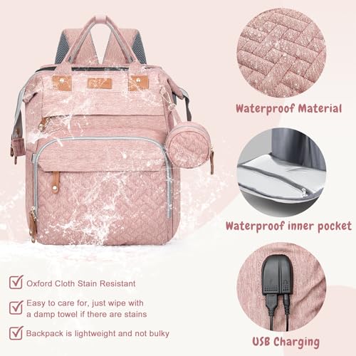 JOYCE Diaper Bag Backpack with Changing Pad, Water-Resistant, Pink | Portable changinag pad, insulated bottle pockets, stroller straps, pacifier case, Multi-Compartment storage - color: Pink