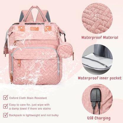 JOYCE Diaper Bag Backpack with Changing Pad, Water-Resistant, Pink | Portable changinag pad, insulated bottle pockets, stroller straps, pacifier case, Multi-Compartment storage - color: Pink