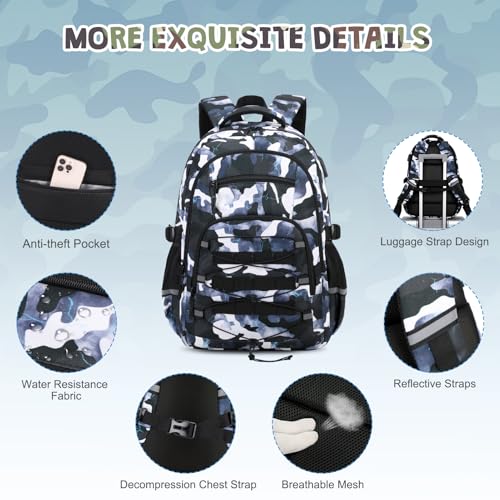 ACESAK Camo Backpack for Boys, Tactical Kids Backpack Boys, School Bags for Boy Children Teens Kids Elementary Middle High School, Military Bookbag and Lunch Bag Pencil Case Set with USB Charging Port - color: Black Blue Camo