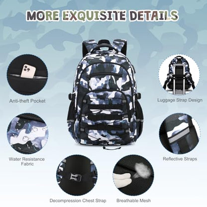 ACESAK Camo Backpack for Boys, Tactical Kids Backpack Boys, School Bags for Boy Children Teens Kids Elementary Middle High School, Military Bookbag and Lunch Bag Pencil Case Set with USB Charging Port - color: Black Blue Camo
