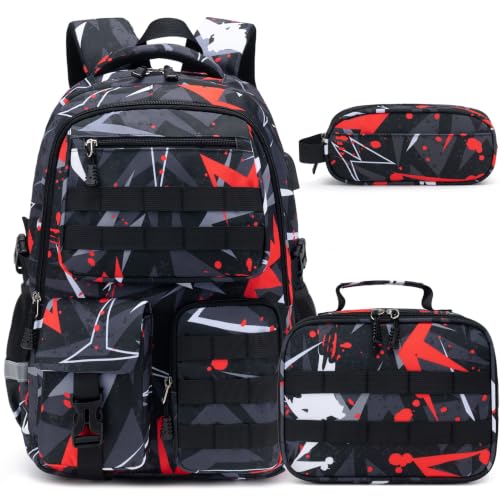 DIGOBAY Camo Backpack for Boys, Tactical Boys Backpack for School, Kids Backpack With Lunch Box Pencil Case USB Charging Port Military Army Book Bags for Boy Teens Kids Elementary Middle High School - color: Geometric Pattern