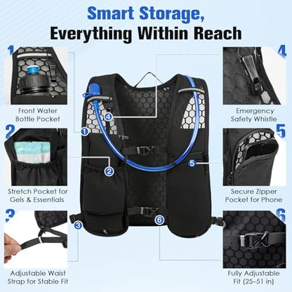 Zacro Running Hydration Vest Backpack, Running Vest with 2L Water Bladder for Men Women, Lightweight Water Backpack for Running, Hiking, Climbing, Camping, Cycling - color: Black