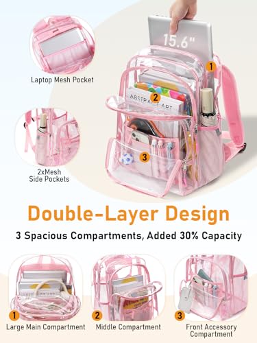 Double-Layer Clear Backpacks 17 Inch Large Clear School Book Bag - color: Pink