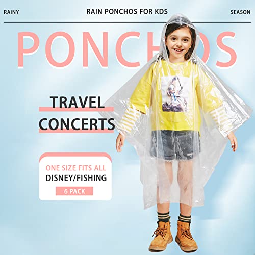 TUNCHMO Disposable Rain Ponchos 6 Pack for Adults/Kids/Family Set-50% Thicker Emergency Ponchos - color: Kids Clear 6 Pack