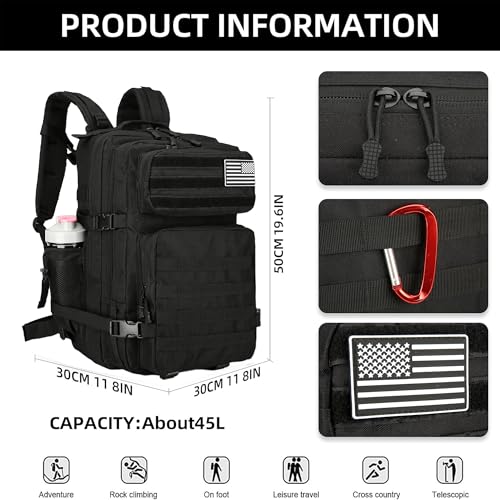 Military 45L Tactical Assault Backpack 3 day assault pack with Molle Waterproof backpack Rucksack for Tactical Backpacks - color: Black
