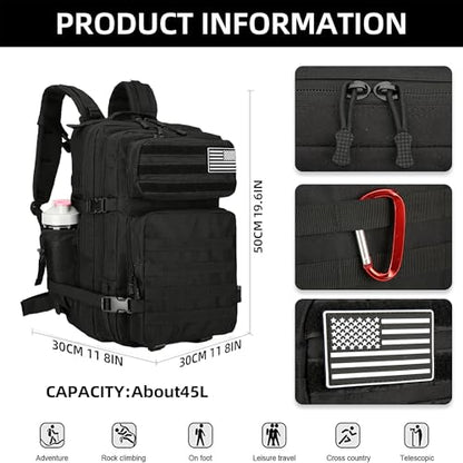 Military 45L Tactical Assault Backpack 3 day assault pack with Molle Waterproof backpack Rucksack for Tactical Backpacks - color: Black
