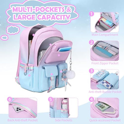 ACESAK Backpacks for Girls, Girls Backpack with Lunch Box and Pencil Case for Teen Kids Elementary Middle High School College Student, Children Backpack Bookbag with USB Charging Port (Pink-blue) - color: Pink-to-blue Gradient
