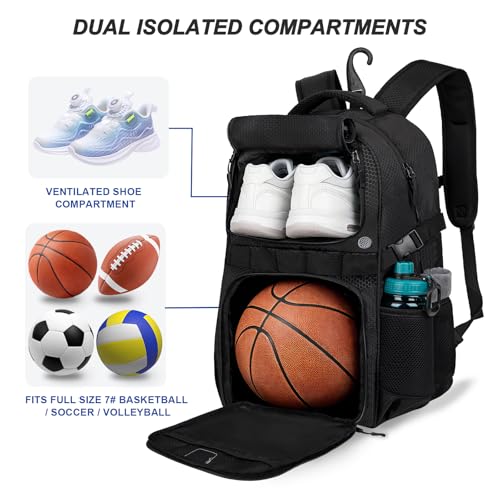 Basketball Backpack with Separate Ball & Ventilated Shoe Compartment, Sports Bag with Hook for Men Women Teens Training Travel - color: Black
