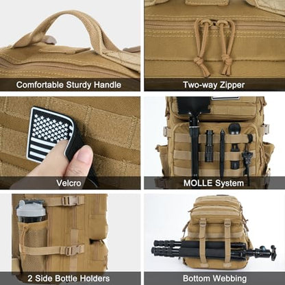 Military Tactical Backpack 50L Large Day Backpack for Men Molle Army 3 Days Assault Pack Bug Out Bag Water Resistant and Heavy Duty Hiking Treeking Rucksack - Brown - color: Brown, size: 50L