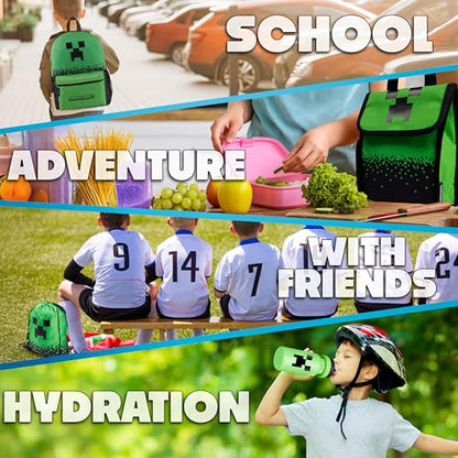 Minecraft Boys Backpack 5 Pc Gift Set with Creeper School Bookbag, Lunch Bag, Pencil Case, Water Bottle and Travel Daypack (Green) - color: Green