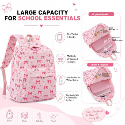 LEDAOU School Backpack for Teen Girls Elementary Middle School Bookbag Kids Backpacks Women Laptop Backpack Travel Daypack (Pink Bow Tie) - color: Pink Bow Tie