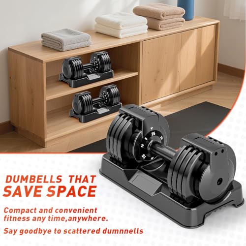 Adjustable Dumbbell Set of 2, 110lbs/50lbs Free Weights Dumbbell Set, 5-in-1/10-in-1 Quick-Lock Hand Weights, 25lbs/55lbs Pair with Anti-Slip Texture Handle, Weight Set For Home Gym Suit both Men and Women - color: Black 25LB Set of 2（Round）5 in 1