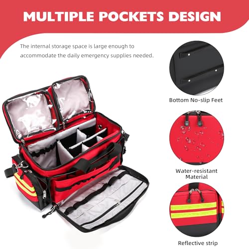 Empty Medical Bag First Aid Bag Home Health,First Aid Storage with Detachable Divider Medical Supplies Emergency Responder for Nursing Student,Therapist,Doctors - color: Red
