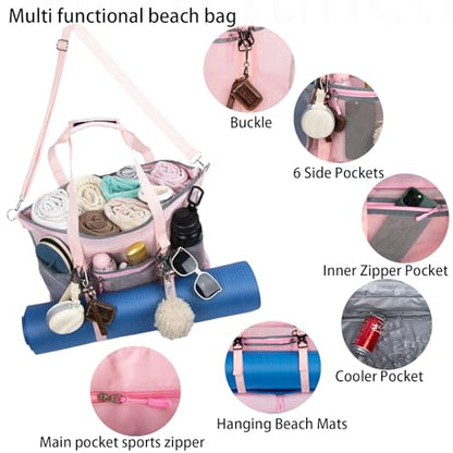 Mesh Beach Bag with Cooler Large Travel Family Vacation Essentials Pool Swimming Zipper Pocket Durable 9 Pockets - color: Pink