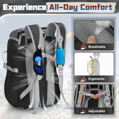 RAINSMORE Foldable Hiking Backpack for Women Men Packable Camping Backpack 40L Waterproof Hiking Daypack Bag Lightweight Collapsible Daypack for Travel Trekking Mountaineering Large Capacity Black - color: Black and Grey