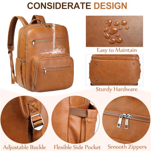 VASCHY Diaper Bag Backpack for Mum Dad, Unisex Large Waterproof Vegan Leather Baby Bag with Changing Pad,Insulated Pockets,Padded Laptop Sleeve for Travel,Brown - color: Tan