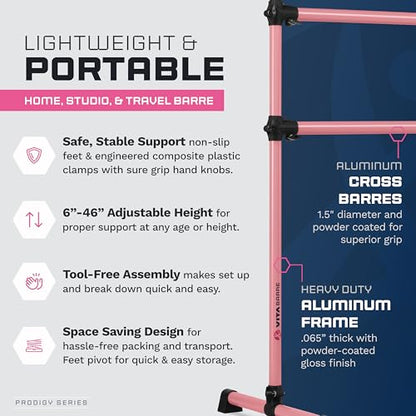 VITA Barre Portable Freestanding Double Ballet Barre, Prodigy, Aluminum | Adjustable Height, USA Made, Home or Gym Exercise Equipment for Kids & Adults | Dance, Fitness, Pilates - color: Light Pink, style: 5 Ft