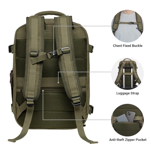 KAUKKO Thick Canvas Travel Backpack, Flight Approved Carry On Backpack with Shoe Pouch and 15.6 inch Laptop Compartment, 40L Luggage Casual Daypack Weekender Bag 10-ARMYGREEN - color: 10-armygreen