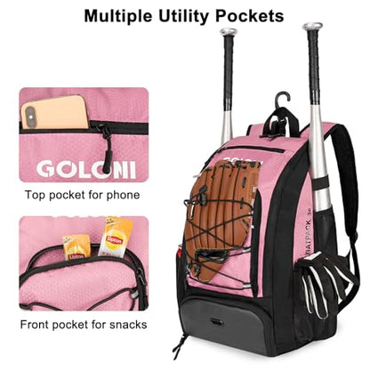 Goloni 40L Baseball Bag, Softball Bat Bag with Shoes Compartment,Fence Hook,Backpack for Baseball, T-Ball & Softball Equipment & Gear - color: Pink