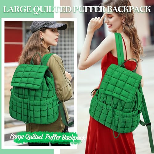 Quilted Puffer Backpack for Women Lightweight Soft Puffy Backpack Purse Casual Daily Drawstring Flap Daypack (Dark Green) - color: Dark Green