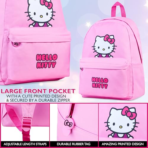 Hello Kitty Girls Backpack with Zipped Front Pocket, Adjustable Strap For School