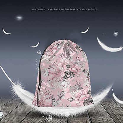 Pink Floral Print Polyester Drawstring Backpack, Unisex, 14x16.9 Inch, Modern Style, Soft Shell, Rectangular Shape, Shoulder Strap, Waterproof, Perfect for Travel, Work, School, Gym - color: Multi-a94