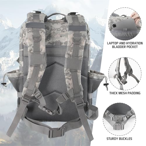 45L Grey Camo Military Tactical Backpack 3 Day Molle Assault Pack Large Army Bug Out Bag Rucksack Daypack for Men Outdoor Hiking Army Camping Hunting - color: Acu Camo