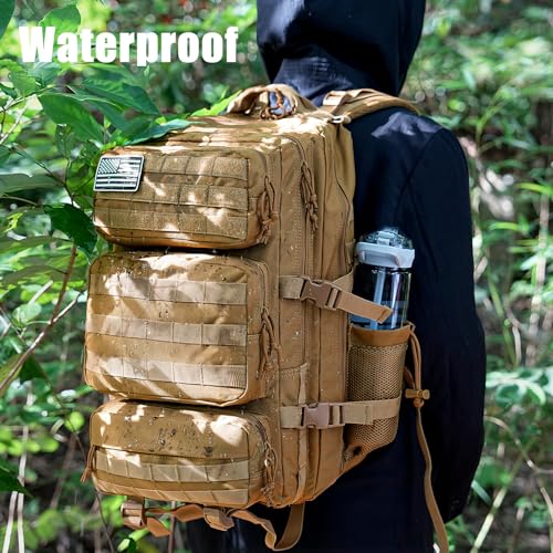 Military Tactical Backpack 25L Day Backpack for Men Molle Army 3 Days Assault Pack Bug Out Bag Water Resistant and Heavy Duty Hiking Treeking Rucksack - Brown - color: Brown, size: 25L