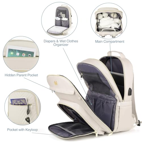 MOMUVO Diaper Bag Backpack, Quilted Baby Bag with Changing Pad and Stroller Straps and Pacifier Case, Multifunction Waterproof Travel Diaper Bags, Unisex, Beige - color: Beige