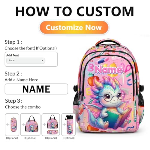 Kids Backpack Personalized Dragon Backpack for Girls, 17 Inch Pink Custom Schoolbags for College Preschool Primary Kindergarten - color: Pink1